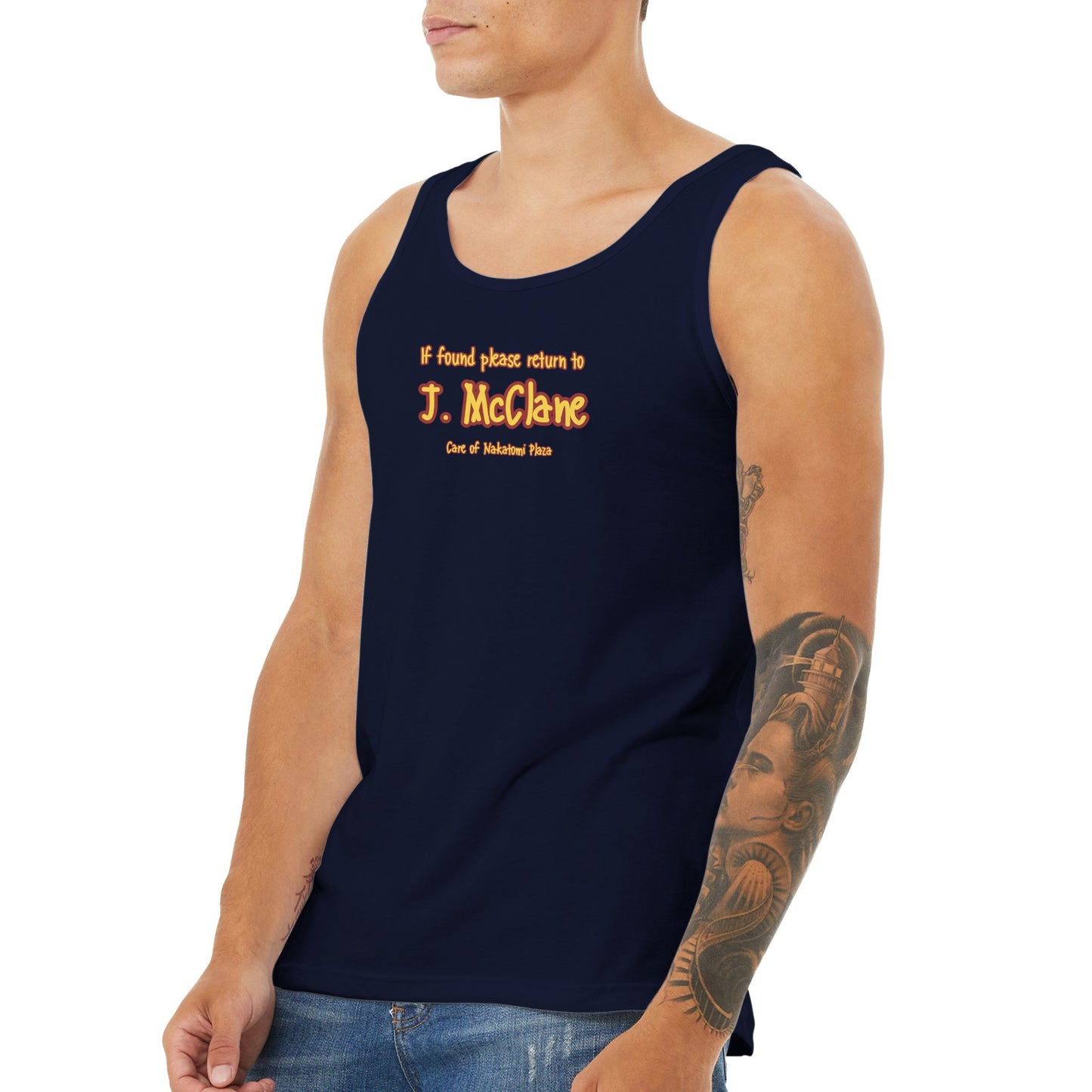 If Found Please Return To J. McClane Care Of Nakatomi Plaza Premium Unisex Tank Top